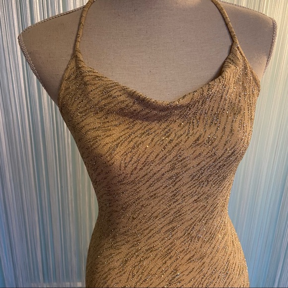 Vintage Gold Sparkle Glitter Open Back Fish Tail Sexy Party Halter Dress - Picture 8 of 17